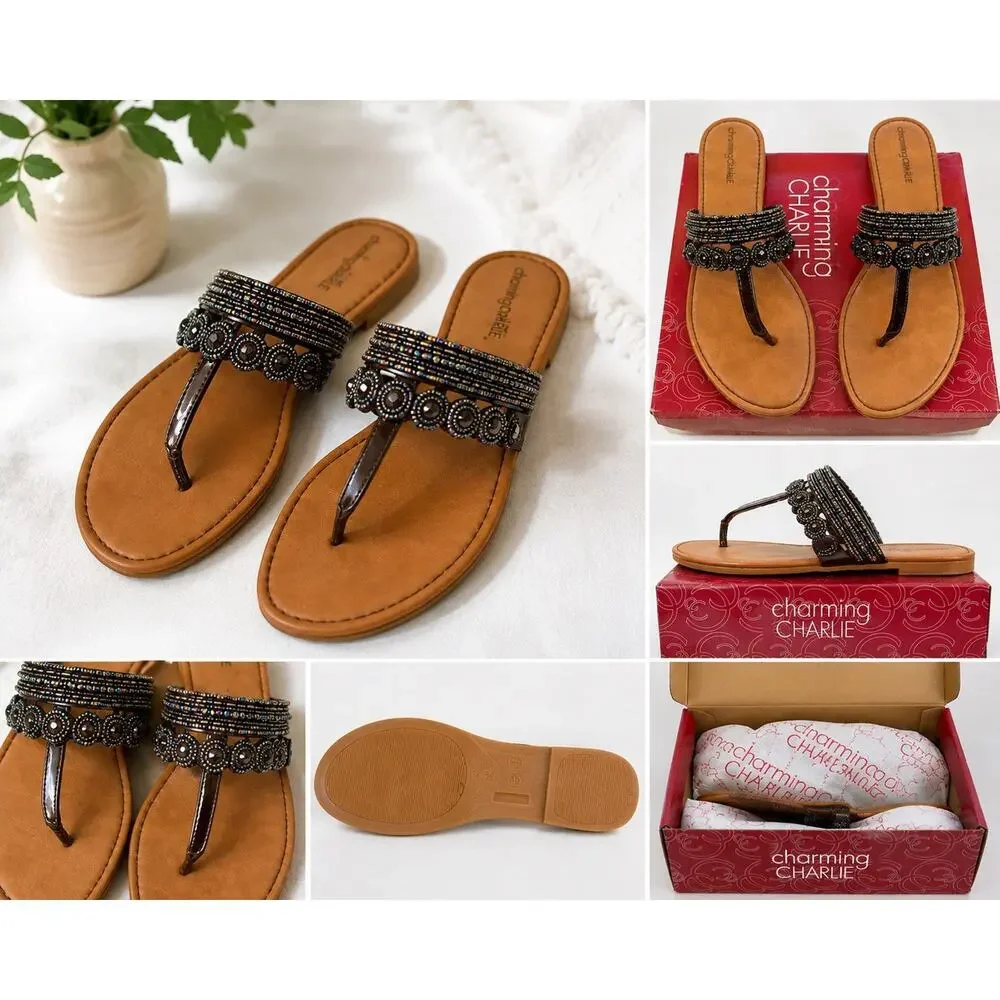 🆕Charming Charlie Beaded T-Strap Slip On Flat Sandals Womens 11 EU 41 Brown NIB